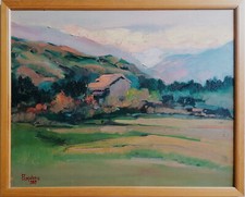 OULX AL TRAMONTO di Dino PASQUERO 1988 dipinto a olio 40x50 quadro in cornice