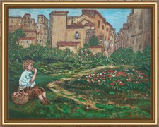 ARTE NAIF RAGAZZO CON MELA IN PARCO ANTICO BORGO olio tavola ENRICO COPETTA COEN