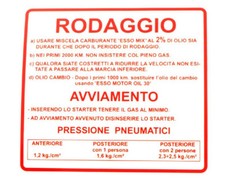 TARGHETTA ETICHETTA ADESIVA RODAGGIO ROSSA PIAGGIO VESPA 50 90 125 PRIMAVERA 