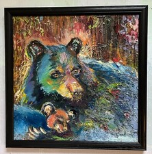 Mamma orso, dipinto ad olio, arti animali, incorniciato, cuccioli neri