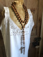 Antico rosario francese ENORME 59 in legno intagliato con perline LOURDES 3 piedi 7"