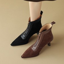 Stivaletti donna vera pelle scamosciata a punta tacco a spillo 6 cm cerniera anteriore