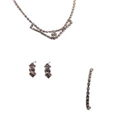 Art Deco Parure, Vintage Crystal Choker, Tennis Bracelet, Earrings, Silver Tone