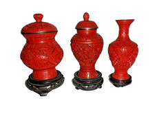 SET vasi cinesi lacca rosso cinabro e con decorazioni floreali VINTAGE SEC.XX