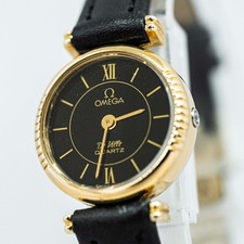*QUASI NUOVO* Vintage 1979 OMEGA De Ville Cal.1350 Qz corona a spinta oro x nero donna