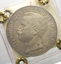 REGNO D' ITALIA V.E.III. 5 LIRE CINQUANTENARIO 1911 DATA RARA PERIZIATA BB/SPL