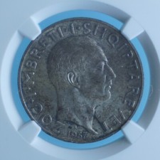 ALBANIA ZOG I 2 FRANGA ARI 1937 25 ANNI INDIPENDENZA TOP POP ARGENTO SILVER qFDC