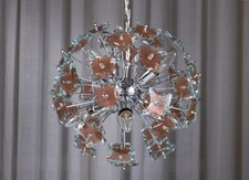 Lampadario space age anni '70, acciaio e vetro di Murano, Fontana Arte Sputnik