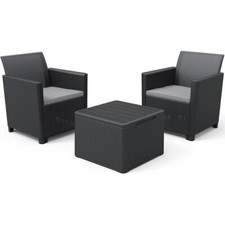 Salottino da Esterno 2 Poltrone Tavolo Contenitore Grafite Effetto Legno