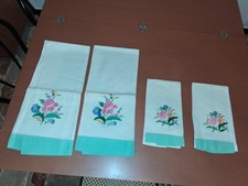 Set 4 Asciugamani Salviette bagno 2 viso e 2 bidet Vintage puro Lino con Ricamo