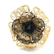 CHANEL Anello Dichiarazione Oro CC Fiore di Camelia Cristalli Neri Misura 6 US Autentico