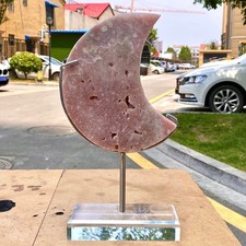 Intaglio Luna Quarzo Rosa - Scultura Cristallo Rosa con Base - 3,2LB