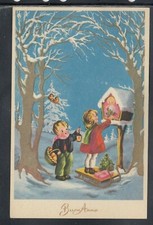 Cartolina Buon Anno Bambini Slitta Uccellini Casetta Neve PMCE 819/6 ZA183