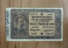 BANCONOTA 5 LIRE BIGLIETTO DI STATO EFFIGE UMBERTO I 1892 RARISSIMA. NO FDS