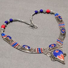 Collana gioielli etnici nepalesi moda fatta a mano corallo rosso lapislazzuli...