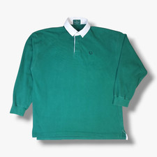 VINTAGE Fred Perry Rugby Shirt Large L Uomo Anni 90 Verde Manica Lunga Top Polo