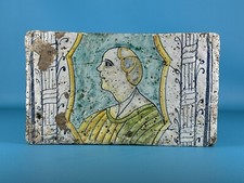 Antica Mattonella Terracotta Smaltata Volto Medioevale Maiolica Policroma XX Sec