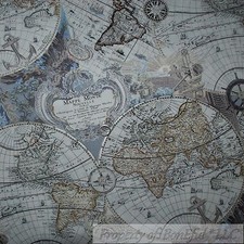 Trapunta BonEful TESSUTO FQ cotone blu argento marrone mappa del vecchio mondo America antica L