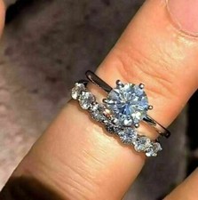 Anello da sposa in oro bianco massiccio 14 carati con diamanti taglio tondo 3...