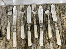 ANTICO coltello e forchette da pesce madreperla fascia sterling placcato pinze lame