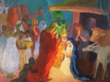 Pittura Edmond SIGRIST Natività Cristo Religione Presepe Olio Su Pannello Fauve