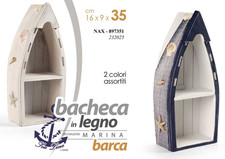 BACHECA BARCA IN LEGNO 2 RIPIANI MENSOLA DA TAVOLO BIANCA BLU BEIGE AS 35*16*9cm