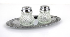 Set Sale e Pepe in vetro con vassoio metallico Vintage Saliera decorazioni