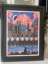 Quadro inchiostro paesaggio urbano sperimentale originale grande rosso blu firmato amatoriale