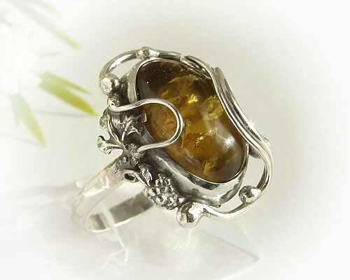 Anello ambra argento - 925, verde