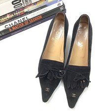 Chanel Heels 38.5 Black Suede Logo Fringe Tassel Pointed Toe Pumps Women’s Shoes