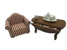 Tavolo vintage artigianale in legno 1:12 fatto a mano + sedia Melissa & Doug + set da tè in ceramica