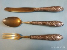 TRIS POSATE DA DOLCE  regalo BATTESIMO in OTTONE con LAMINA ARGENTO 800 VINTAGE