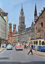 Cartolina Monaco Marienplatz vecchio tram auto anni 60