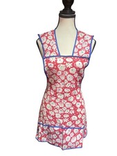 Grembiule vintage floreale rosa e bianco con cravatte bordo blu sul retro abbigliamento cucina retrò