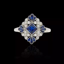 Anello di fidanzamento stile Art Deco zaffiro e diamante creato in laboratorio oro bianco 14 carati FN