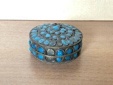 Antica Scatola Ottone inserti in Ceramica Smaltato azzurro primi '900