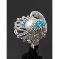 Anello da donna design cigno di lusso con zaffiro simulato, acquamarina e zaffiro