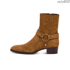 Leather Men's Side Zip Crack Pointed toe Mid-heel 4CM Chelsea Ankle Boots Shoes