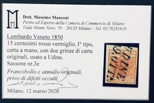 Lombardo Veneto 15 Cent I Tipo 1850 Rosso Vermiglio Pli’ X2 Udine Molto Bello