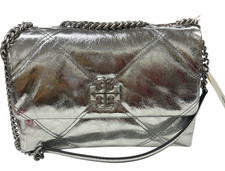 Tory Burch Kira Metallic Diamond Quilt Small Convertible Shoulder Bag Silver NWT