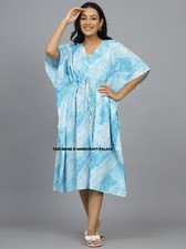 Donna Kaftano Boho Blu Bianco Stampato Abito IN Cotone Estivo Corto Notte