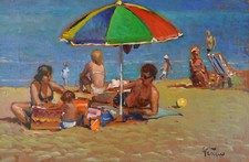 Bagnanti- Dipinto Originale 20x30 Giacomo Vaccaro Oil Painting Spiaggia Beach