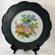 Piatto ceramica italiana Bassano 10" con cornice in peltro goffrata decorazione parete