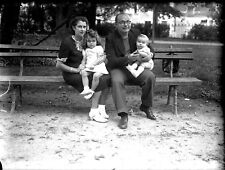 Coppia Con Bambini Seduto Panca Negativo Foto Placca Lente An. 1920 30