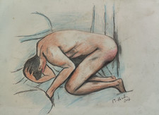 Quadro Dipinto Disegno Nudo Maschile disteso Matita Matite Colorate con CORNICE