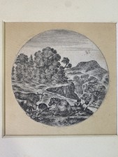 XIX sec / Acquaforte da Stefano Della Bella (1610-1664) - Paesaggio con animali