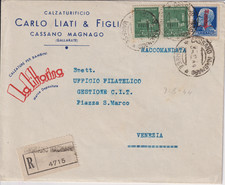RSI 1944 BUSTA  RACCOMANDATA DA CASS. M, GALLAR. O3/08/44 PER VENEZIA  AF. £ 175