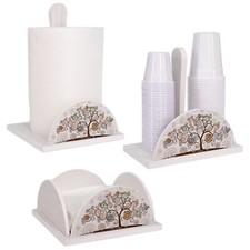 Set 3 pz Porta Bicchieri, Tovaglioli Rotolo legno Albero della vita Shabby WHITE