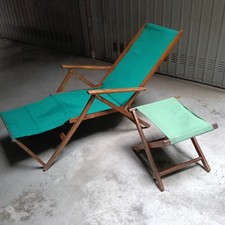 Vintage '60 coppia sdraio e sgabello mare legno abete e tela