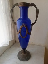 Liberty, Antico Vaso /Anfora Vetro Soffiato Blu Cobalto E Ottone